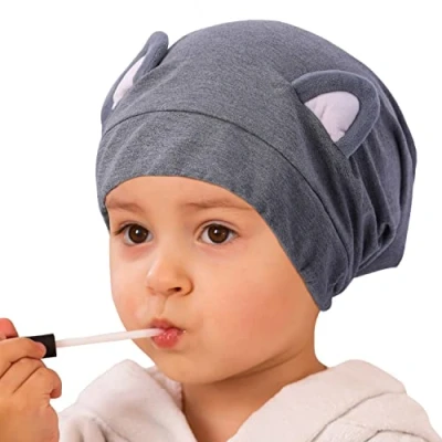 Image of Hat Hut Kids Satin Bonnet Silk for Baby Girl Sleep Cap Toddler Curly Hair Adjustable Lined Beanie with Ears (Grey Cat Kids)