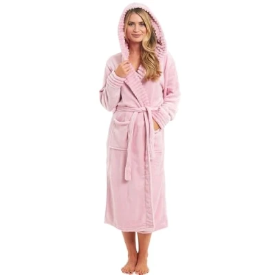 Image of KATE MORGAN Ladies Dressing Gown Fluffy Super Soft Hooded Bathrobe for Women Plush Fleece Perfect Loungewear Long Robe Gifts Pink 8 10
