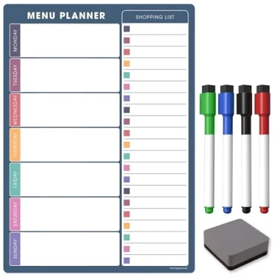 Image of The Magnet Shop A4 Weekly Menu Planner Dry Erase Meal Planner, Whiteboard and Shopping List for Your Home, Kitchen, Fridge Family with 4 Wipe Pens Eraser (Navy Blue, A3)