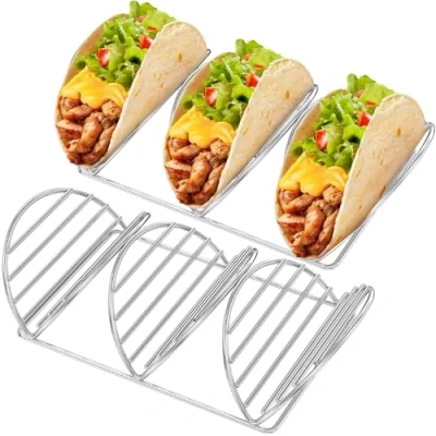 Image of 2Pcs Taco Holder Stand, Stainless Steel Stands Up Shell Stand Rustproof Truck Tray Holds to 6 Tacos Dishwasher Oven Safe Rack for Taco, Sandwiches, Waffles, Hot Dogs