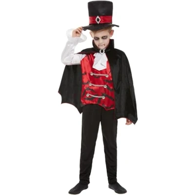 Image of Smiffys Vampire Costume, Black with Top, Cape &amp; Hat, Halloween Child Fancy Dress, Dress Up Costumes