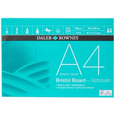 Image of Daler Rowney Graphic Series Smooth Surface 250gsm A4 Bristol Board Pad, Glued 1 Side, Acid free, 20 White Sheets, Ideal for Professional Artists &amp; Students
