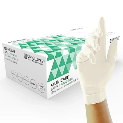 Image of Unigloves Unicare Latex GS0021 Single Use Multipurpose, Lightly Powdered Disposable Gloves, Box of 100 Natural, Extra Small, White