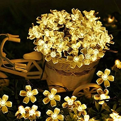 Image of Solar String Lights Outdoor Patio 8 Modes Powered Fairy Lights, Waterproof for Patio, Lawn, Garden, Wedding, Party, Holiday Decor (50 LED Warm White Flower)