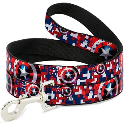 Image of Buckle Down Dog Leash Captain America Shield Digital Camo Blue White Red 6 Feet Long 1.5 Inch Wide, Multi Color (DL WCA041 6FT)
