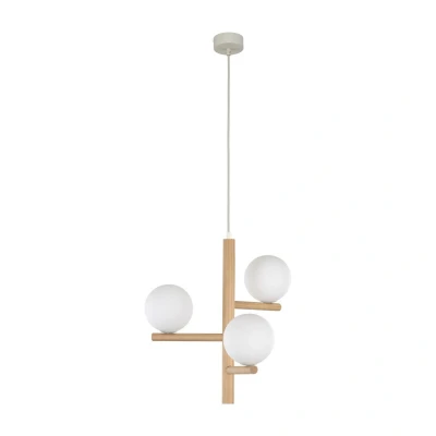Image of TK Lighting Estera pendant light, opal glass, wood, 3 bulb