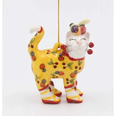 Image of Cosmos Gifts Cat with Cherry Ornament, Ceramic, Yellow, Red, White