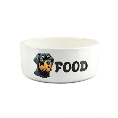 Image of Rottweiler Pet Bowl Cartoon Dog Portrait Large Ceramic Food Novelty White Dish For Dogs