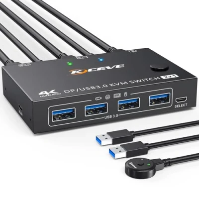 Image of YOUTINGHDAV KVM Switch 2 Computers 1 Monitor, USB 3.0 Displayport 4K@144Hz, DP PC Monitor Share 4 Devices Keyboard Mouse with Wired Remote and Cable