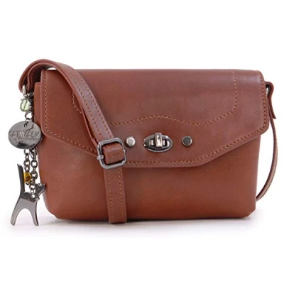Image of Catwalk Collection Handbags Small Leather Cross Body Bag For Women Flapover Shoulder Adjustable Crossbody Strap FLORENCE Tan