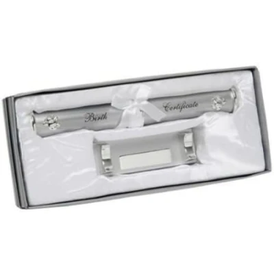 Image of Silver plated Birth Certificate Holder and Stand Christening Gift