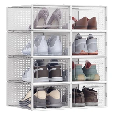 Image of SONGMICS Shoe Boxes, Pack of 12 Stackable Storage Organisers, Foldable and Versatile for Sneakers, Fit up to UK Size 11, Transparent White LSP12SWT