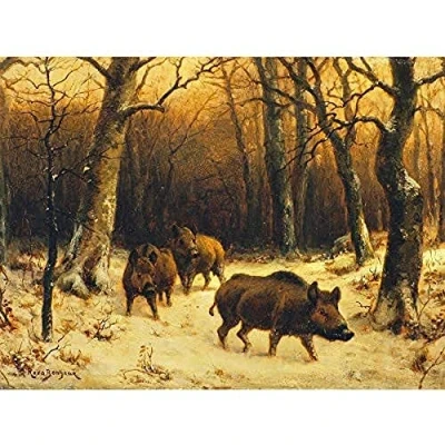 Image of Bonheur Wild Boars Winter Snow Painting Art Print Canvas Premium Wall Decor Poster Mural