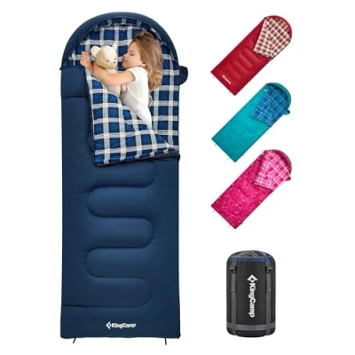 Image of KingCamp Kids Sleeping Bag Children 3 4 Season Winter Flannel Liner Cotton Warm Lightweight Single for Camping Hiking Backpacking Outdoor with Compression Sack Girls Boys 170x70cm