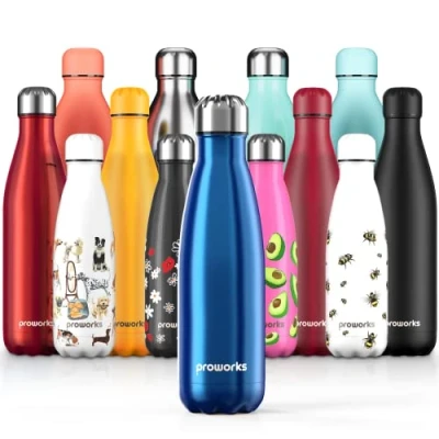 Image of Proworks Performance Stainless Steel Sports Water Bottle Double Insulated Vacuum Flask for 12 Hours Hot &amp; 24 Cold Drinks Great Home, Work, Gym Travel 1 Litre BPA Free Blue
