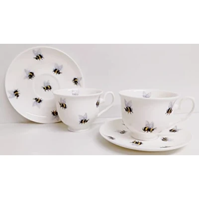 Image of Rainbow Decors Bees 2 Tea Cups Saucers Fine Bone China Bumblebee Hand Decorated UK, White, One Size