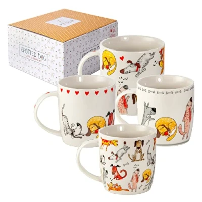 Image of SPOTTED Dog GIFT COMPANY Mugs for Lovers, Animal Set of 4, Cute Ceramic Porcelain China Tea and Coffee Cups, Gifts Women Men &amp; Kids 350ml / 12oz