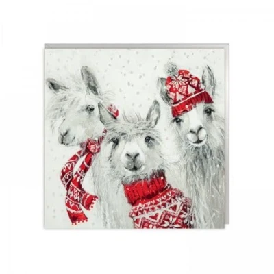 Image of Charity Christmas Cards Llamas in Festive Winter Accessories with Flitter Finish Eco Friendly Pack of 6 By Art Beat