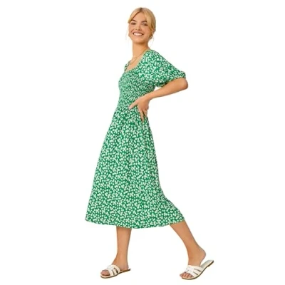Image of Roman Originals Dusk Fashion Women Ditsy Floral Shirred Midi Dress Ladies Spring Everyday Summer Evening Vacation Work Holiday Long Sleeve Smart Casual Green Size 12