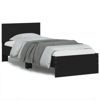 Image of vidaXL Single Bed Frame with Headboard Engineered Wood, Sleek Black, Plywood Slats, 193x95x70 cm Suitable for 90x190 Mattresses