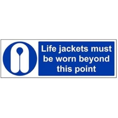Image of V Safety Life Jackets Must Be Worn Beyond In This Point PPE Sign 450mm x 150mm 1mm Rigid Plastic