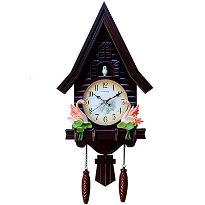 Image of PYapron Cuckoo Pendulum Wall Clock, Traditional Quartz Original Black Forest Clock with Mechanical Bird Hand Made Cafe Hotel Decoration,Swan Decoration,32.5X69cm,B