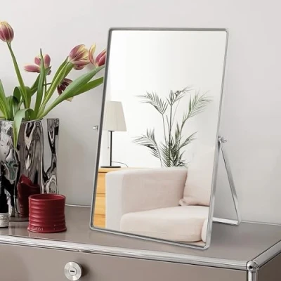 Image of Numjeg Makeup Vanity Mirror Portable Desktop with Metal Stand Adjustable 90 Rotation Desk Mirrors for Dressing Room,Bedroom, Bathroom,Tabletop,Square Silver