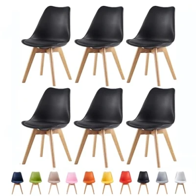 Image of mcc direct Set of 6 Dining Chairs Wooden Legs Soft Cushion Pad Stylish DELUXE Retro Lounge Office EVA (Black)