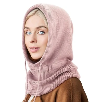 Image of DRESHOW Winter Hats for Women Balaclava Knit Beanie Skull Cap with Drawstring Warm Hooded Scarf Hat