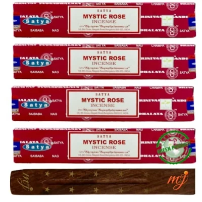 Image of Original Satya Nag Champa Mystic Rose incense sticks with M&amp;J holder x4 pack for Aromatherapy, Spa, Yoga, Weddings, Meditation, Healing, Positivity and Relaxation