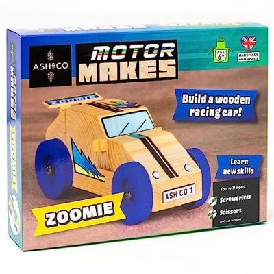 Image of Ash &amp; Co Motor Makes Build a Wooden Car Woodwork kit for Kids Fun Craft Boys and Girls Age 6+ (Zoomie/Blue)