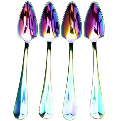 Image of Stainless Steel Grapefruit Spoons for Citrus Fruit, Rainbow Magic Mirror Finish Serrated Spoons, Watermelon Dessert Spoon Set of 4