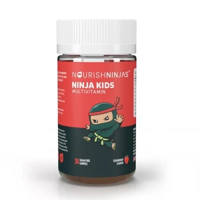 Image of New!! Nourish Ninjas Kids Strawberry Flavour Chewable Multivitamin Gummies. Sugar Free, Vegan with Essential A,B,C,D and E Vitamins. Month Supply (30)