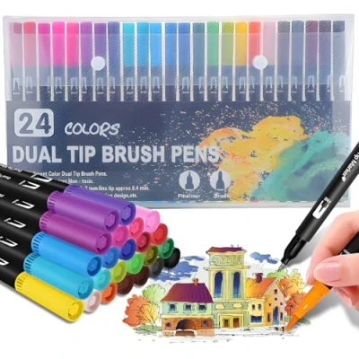 Image of OEEYYT Colouring Pens Dual Tip Brush 24 Colors for Adults Felt Watercolour Fineliner Markers, Drawing Calligraphy Books Sketching, and Kids