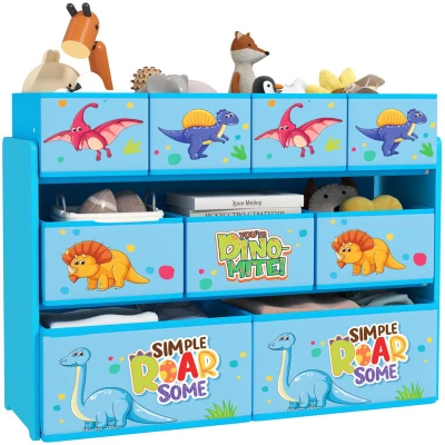 Image of AIYAPLAY Kids Toy Storage Unit, 3 Tier Organiser Shelf with 9 Non Woven Fabric Boxes for Toys, Books, Dinosaur Style Bedroom, Nursery, Blue