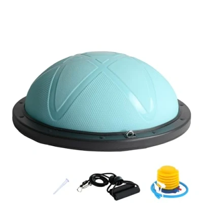 Image of DH FitLife Balance Ball, Yoga Trainer, Diameter 60 x 22 cm, Maximum Load 200 kg, Half Exercise Fitness Board, Board with Pump and 2 Bands, Blue