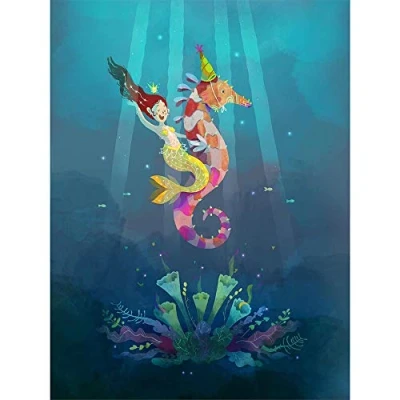 Image of Wee Blue Coo Mermaid Seahorse Yellow Art Print Poster Wall Decor 12X16 Inch