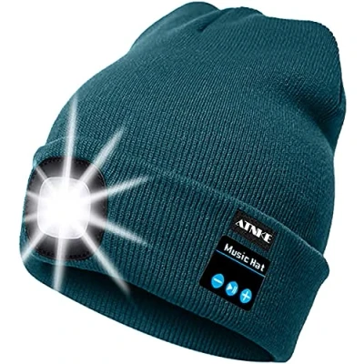 Image of ATNKE LED Lighted Bluetooth Beanie Cap, USB Rechargeable Wireless Musical Running Hat Ultra Bright 4 Waterproof Light Lamp Use for Skiing Hiking Camping Cycling (Olive Green)