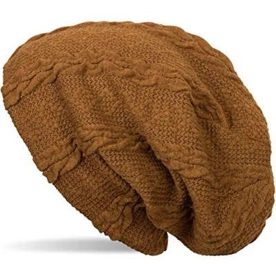 Image of styleBREAKER Warm fine Knit Beanie with Plait Pattern and Fleece Lining, Slouch Long Beanie, Unisex 04024131, Color:Cognac