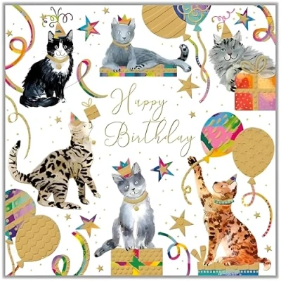 Image of Noel Tatt Female Birthday Card General for Women/Girls Party Cats Design Embossed with Foil Details Eco Friendly and Recyclable