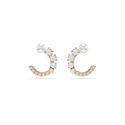 Image of Matrix hoop earrings, Crystal pearl, Round cut, White, Rose gold tone plated