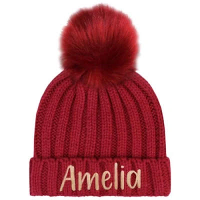 Image of TeddyT&#039;s Personalised Girl&#039;s Knitted Pom Red Bobble Hat (5 10 Years)