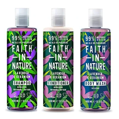 Image of Faith In Nature Lavender Shampoo, Conditioner &amp; Body Wash Trio Vegan Cruelty Free 99% Natural Fragrance From SLS or Parabens