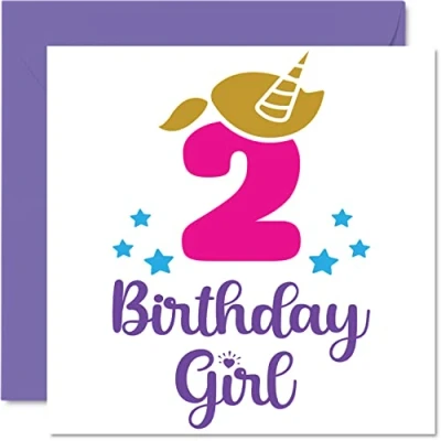 Image of 2nd Birthday Card Girl Unicorn Happy 2 Year Old Girl, Girls Cards for Her, 145mm x Greeting Daughter Niece Granddaughter Kid Children