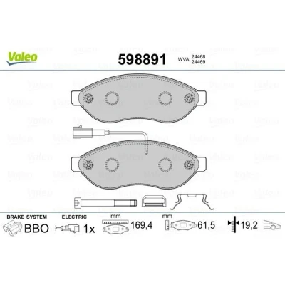 Image of 425355, 425357 Brake pad set VALEO 598891 Front Axle incl. wear warning contact with bolts/screws, anti squeak plate slide rails