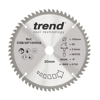 Image of Trend Aluminium &amp; Plastic Circular Saw Blade, 190mm Diameter, 20mm Bore, 60 Teeth, 2.8mm Kerf, 6 Hook, TCT, Extra Fine Finish, CSB/AP19060A