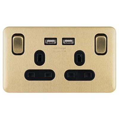 Image of Schneider Electric Lisse Screwless Deco Switched Double Power Socket, Single Pole with USB Charging Ports, 13A, GGBL30202USBABSBS, Satin Brass Black Insert