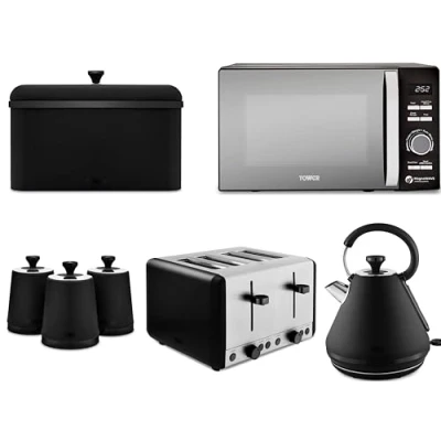 Image of Tower Sera 1.7L 3KW Pyramid Kettle, 4 Slice Toaster, Breadbin &amp; Canisters in Black with Smoked Trim plus 800W 20L Renaissance Microwave T24039BLK. Contemporary Matching Kitchen Set of 7