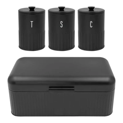 Image of Blackmoor Callisto Tea, Coffee, Sugar, Bread Bin Storage Set/Secure Lids for Freshness / 4pc Kitchen Canisters/Ribbed Embossed Design (Black)