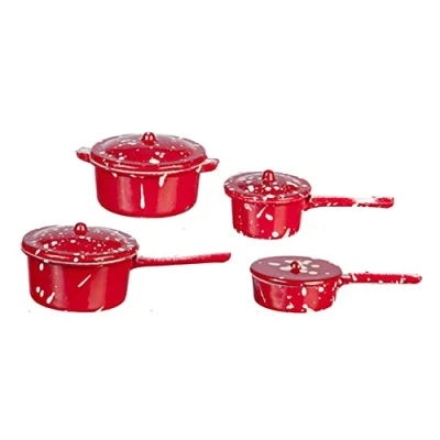 Image of Melody Jane Dolls House Red Spotted Saucepan Pan Set Miniature Metal Kitchen